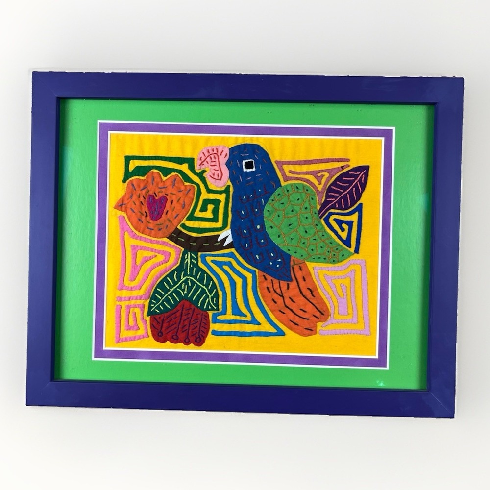 VTG Kuna Mola Hand Sewn Art Textile Fabric Folk Fabric Parrot Bird Framed